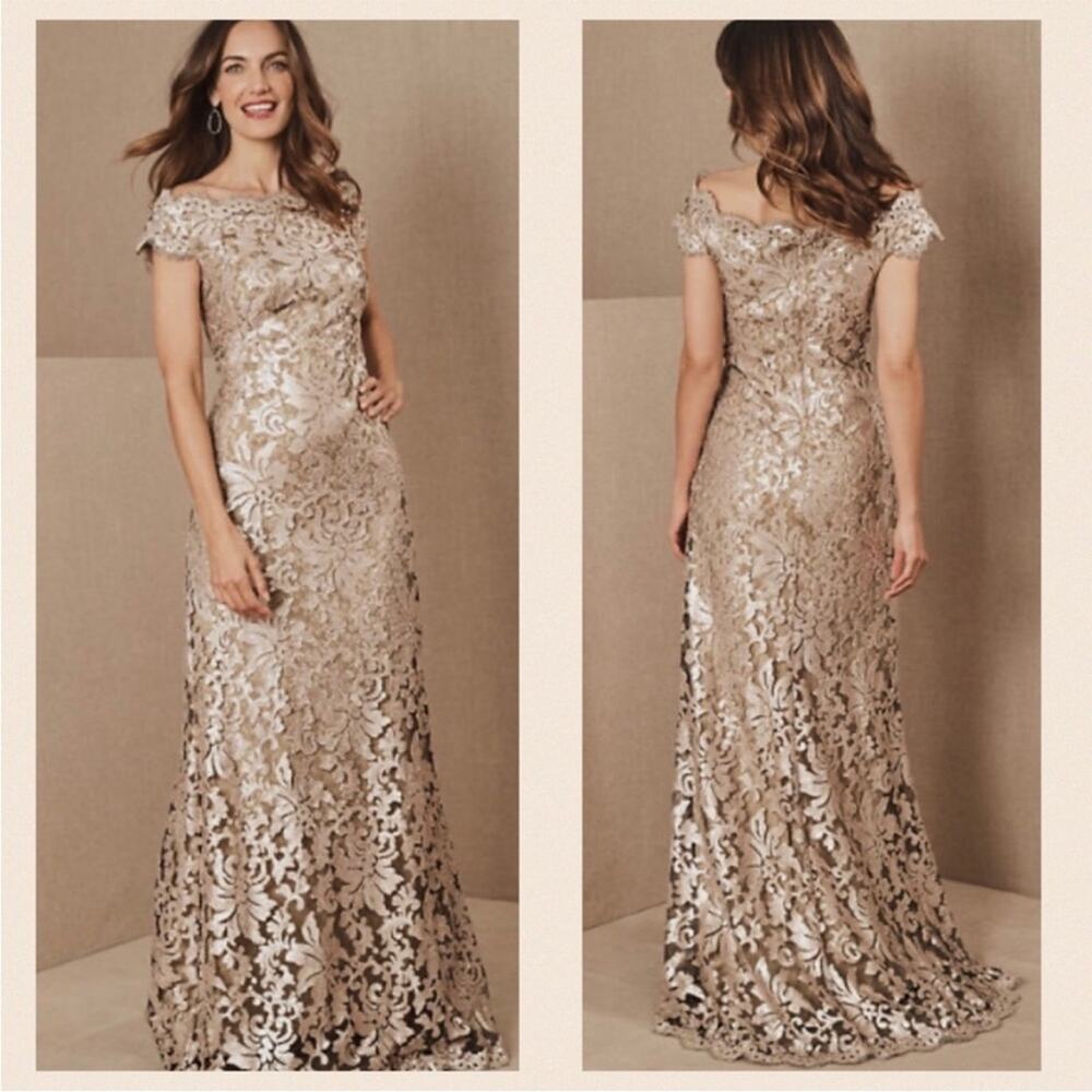 Tadashi Shoji Gold Lace Off-Shoulder Maxi Dress